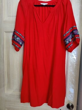 The Pioneer Woman Red Midi Dress with Embroidered Sleeve Bands